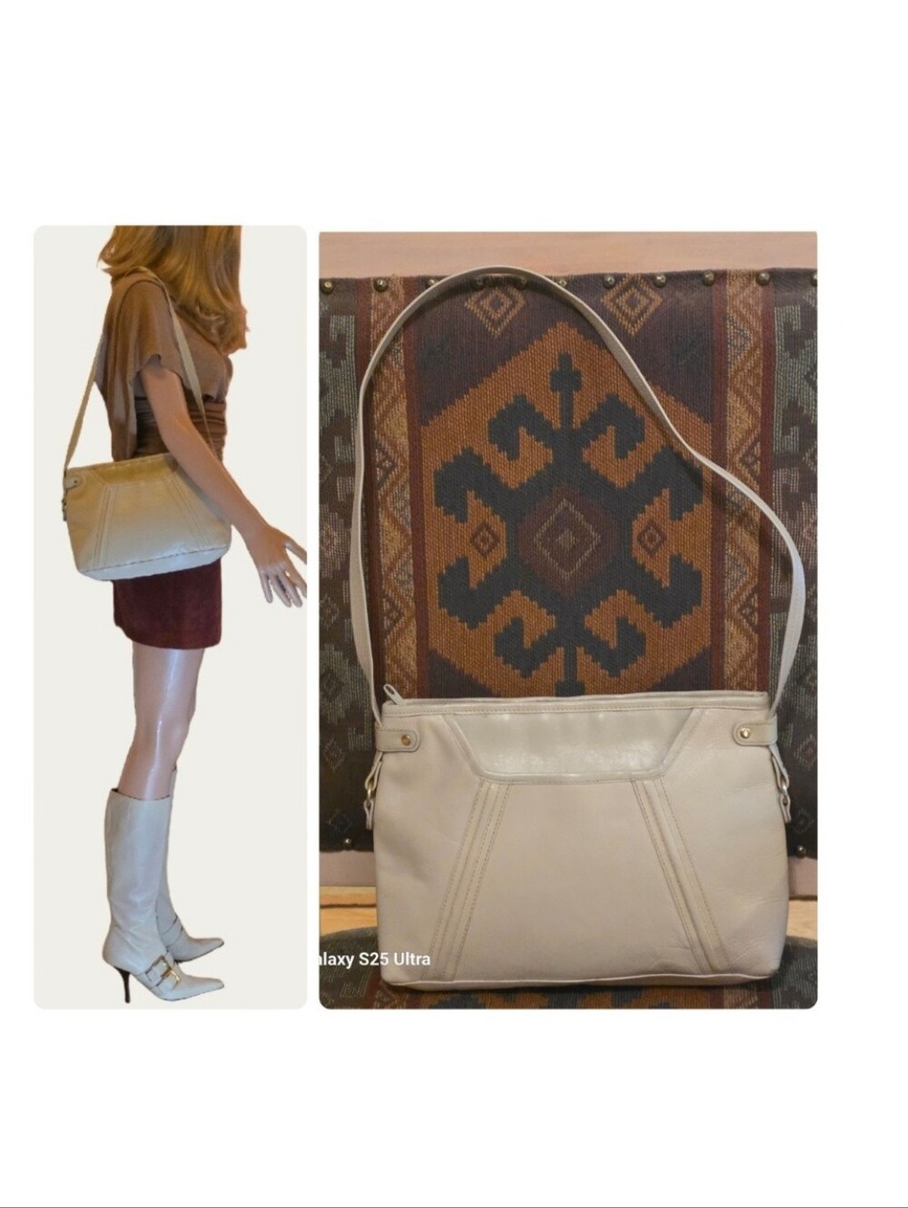 Vintage Contessa Off-White Leather Shoulder Bag Chevron Stitching EUC
